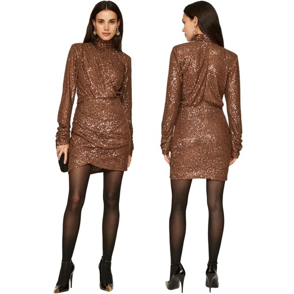 Ronny Kobo Collection Dresses & Skirts - Ronny Kobo | Jane Sequined Knit Mockneck Mini Dress in Brown - Size M